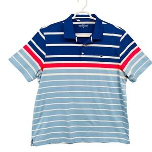 Vineyard Vines Mens XL Performance Polo Shirt Blue Striped Short Sleeve Stretch